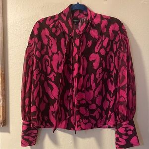 Who What Wear Pink and Black Puff Sleeve Blouse